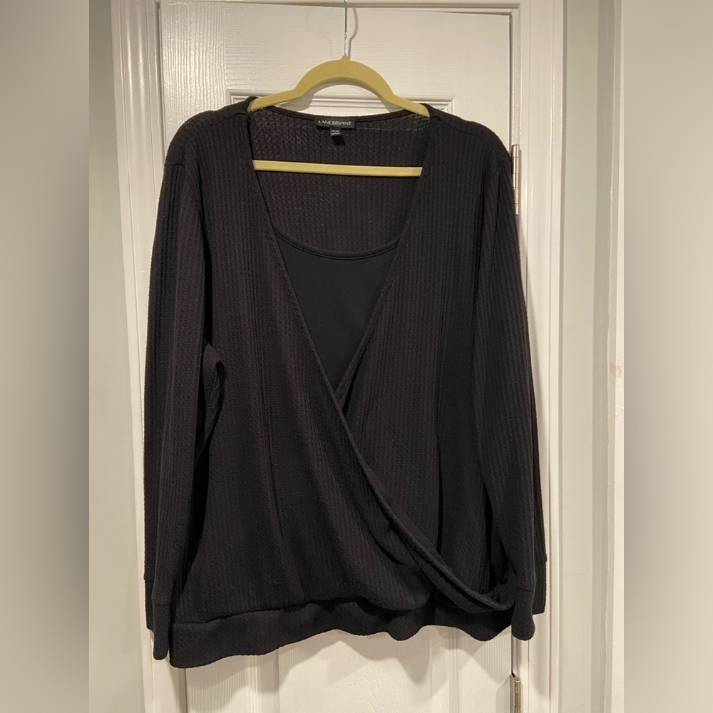 Lane Bryant Size 18/20 Black Waffle Knit Long Sleeve Wrap Lined Pullover Top